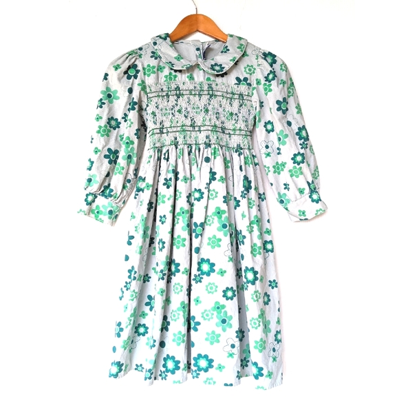 VINTAGE girls smocked green floral corduroy dress - Picture 1 of 8